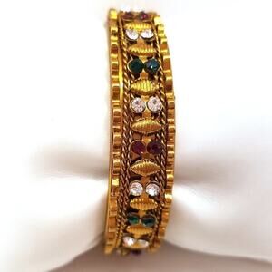 Vintage Gold Tone Rhinestone Bangle Bracelet Clear Red Green Small Size